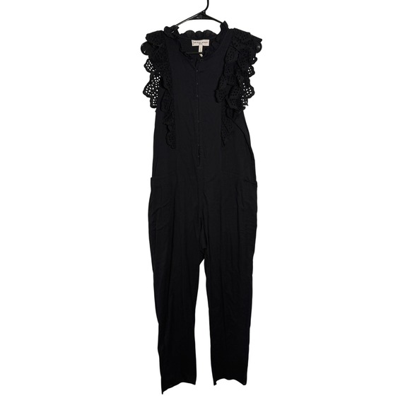 Apiece Apart Pants - Apiece Apart Black Eyelet Ruffle Sleeve‎ Jumpsuit No Belt Hook Closure Limon
